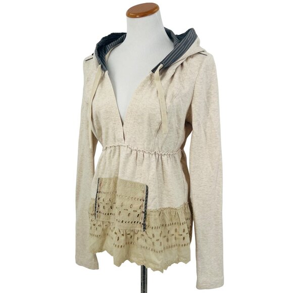 Vintage Free People Beige Hooded Eyelet Trim Empires Waist Babydoll Top - Picture 6 of 12
